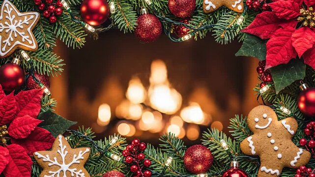 Festive holiday decoration with gingerbread cookies and ornaments in warm glow