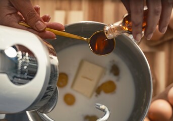 Hands carefully pour vanilla extract into a mixing bowl filled with milk, eggs, and butter in a...