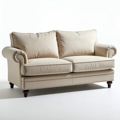 Fototapeta premium Elegant cream sofa with plush cushions against a clean white background backdrop