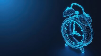 A blue wireframe alarm clock object is depicted with glowing lines against a dark background
