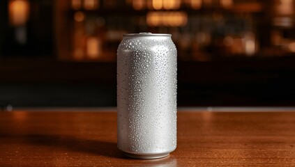 Silver Container Simplicity. Water Droplets and Polished Wood, a Study in Texture.