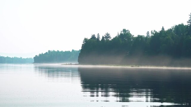 Slow Pan Across Misty Lake and Forest Shoreline