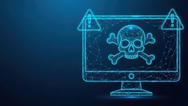 A glowing blue computer monitor displays a skull and crossbones symbol with a warning triangle indicating a digital threat or virus alert on its screen