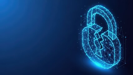 Abstract digital broken lock symbol in glowing neon blue on a dark blue background representing cyber security breach