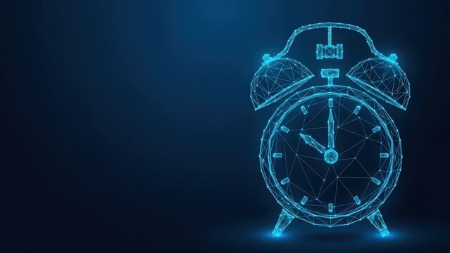 A luminous blue wireframe alarm clock glowing against a dark abstract background representing time and technology