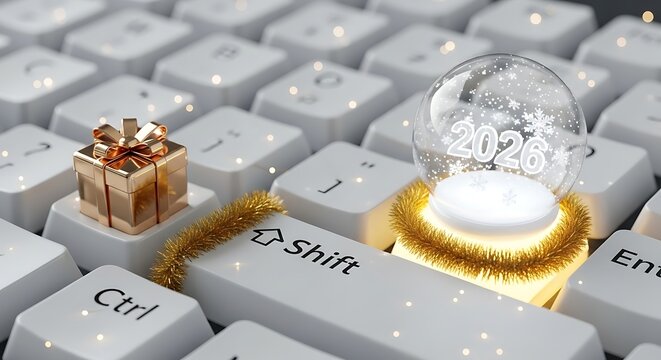 Celebrating new year 2026 on computer keyboard with gift