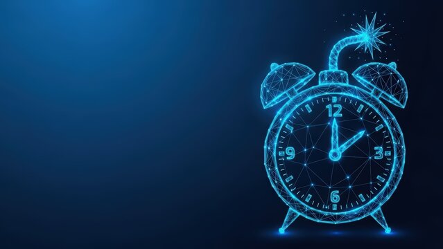Abstract glowing alarm clock object with digital wireframe design and neon blue light representing technology and time