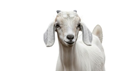 Obraz premium White goat with short horns, large ears, staring forward on a plain background