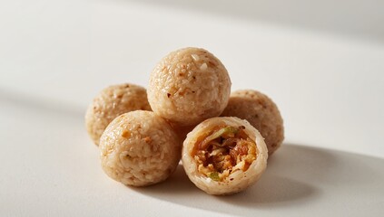 Sphere Composition, Aromatic Fillings, Textural Contrast, Neutral Background, Light Effects.