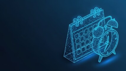 Digital calendar illustrating planning and scheduling events with a futuristic blue wireframe design