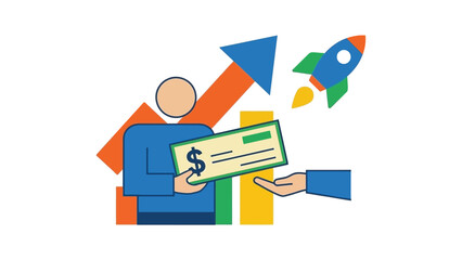 Startup funding success with financial growth and rocket launch.
