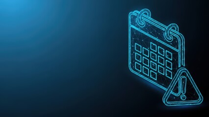 Digital geometric calendar icon with glowing blue lines on a dark abstract background representing scheduling and planning