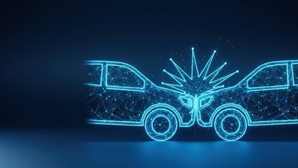 Digital illustration of a car crash with glowing blue lines depicting impact and damage representing auto insurance coverage