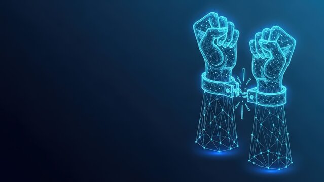 Digital illustration of a glowing blue wireframe fist breaking free from chains symbolizing liberty and freedom