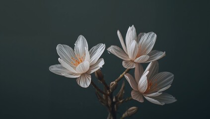 Three Flowers in Soft Light, Petals Textured with Delicate Veins, on a Dark Backdrop.