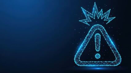 Digital warning sign with exclamation mark and bursting energy in blue neon polygon wireframe on dark background