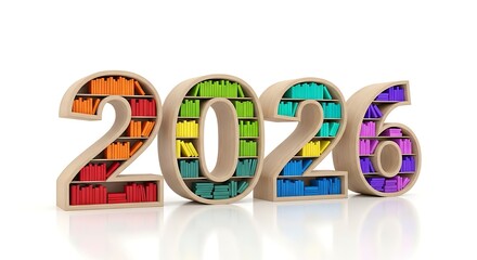 Colorful bookshelves shaped as 2026 on white background