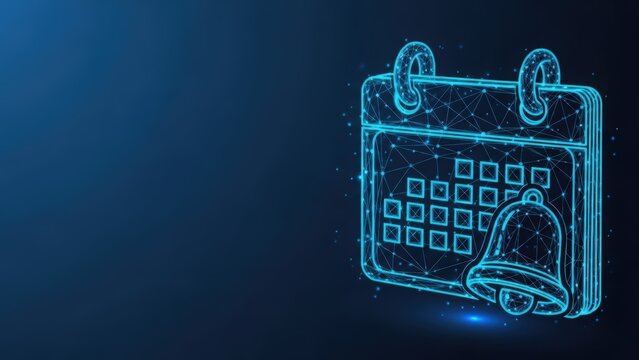 Digital wireframe calendar icon with a blue glowing network effect against a dark background