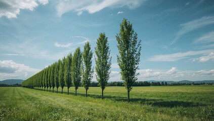 Verdant Vista. A Linear Symphony of Trees Under a Bright Sky, Natures Pattern.