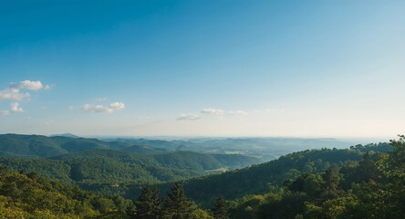 Verdant Vistas, Serene Skies. A Panorama of Undulating Greens and Blues in Gentle Light.