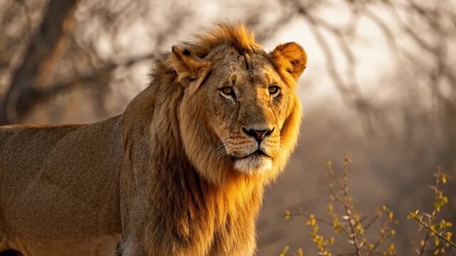 A majestic male lion stands proudly on a rocky outcrop during the golden hour in the African savanna