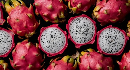 Vibrant Arrangement of Exotic Fruits, Featuring a Bold Palette of Pink, White, and Black.
