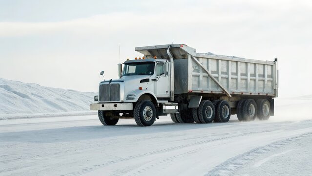 Large articulated dump truck driving on snowy terrain