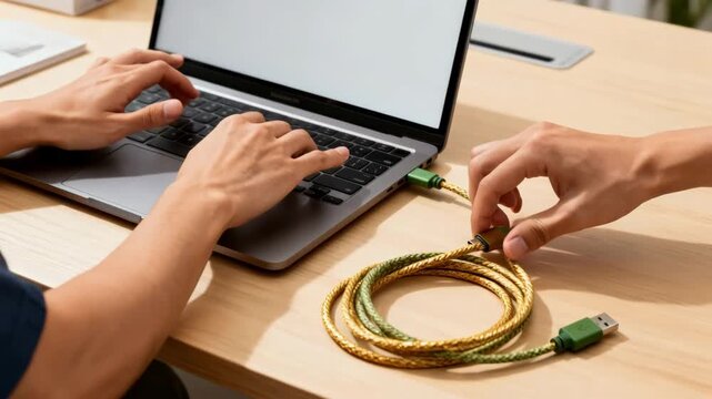 Hands unplugging ecoconscious USB cables from a laptop demonstrating commitment to reducing electronic waste with sustainable wires.