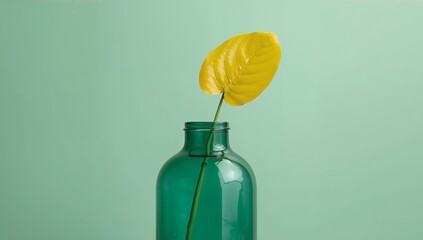 Vibrant Yellow Leaf in Emerald Green Glass Bottle, A Minimalist Aesthetic Study.
