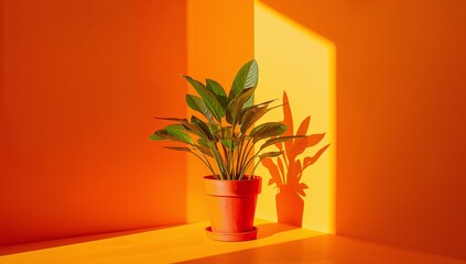 Vibrant Still Life Pot of Green Leaves Against an Orange Backdrop with Light and Shadow.