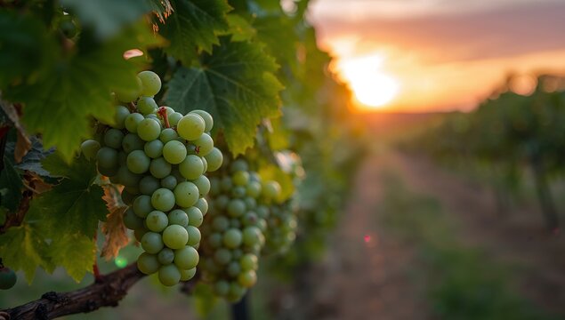 Vineyards at Dusk, Green Grapes and Leaves, Blurred Warm Hues, and Soft Sunlight.