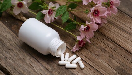 White Container Composition with Pale Flora and Wooden Texture Backdrop.