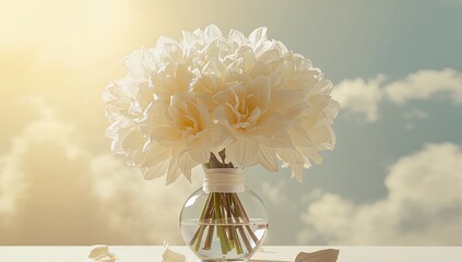 White Blossoms in a Glass Vase, Sky with Clouds Behind, Soft Lighting, and Delicate Petals.