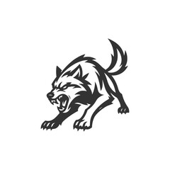 Bold wolf silhouette ready to pounce, perfect for logo or branding, conveying power and ferocity
