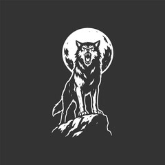 Captivating wolf silhouette under full moon creates a striking logo or tattoo design for branding © DzgnVibe