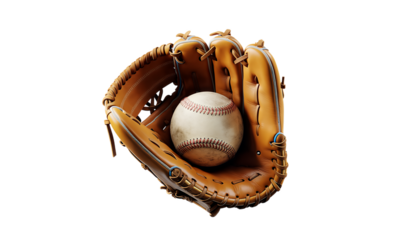 Baseball glove holding ball representing sports and teamwork isolated on transparent background