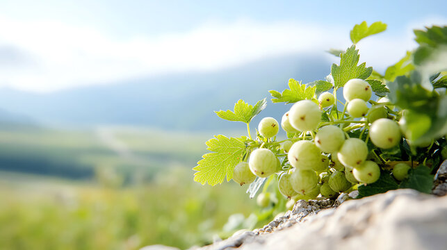 A close-up of fresh green gooseberries growing on a branch, surrounded by lush greenery in a serene landscape. - Powered by Adobe