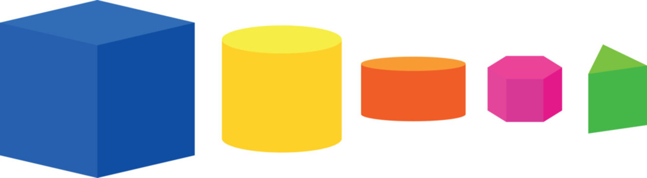 A row of colorful 3d geometric shapes including a cube, cylinders, and prisms