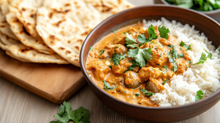 A delicious bowl of curry with rice, garnished with fresh herbs, accompanied by traditional flatbread on a wooden board.