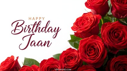 Beautiful red rose bouquet wishes happy birthday jaan with elegant script typography