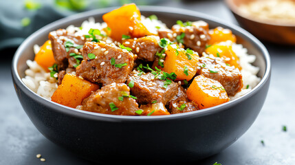A delicious bowl of hearty beef stew served over a bed of fluffy rice, garnished with fresh herbs for added flavor.