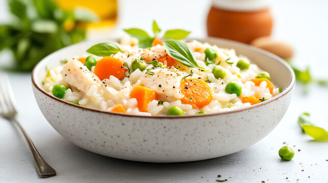 A delicious bowl of creamy risotto with vegetables, garnished with fresh herbs, perfect for a comforting meal.