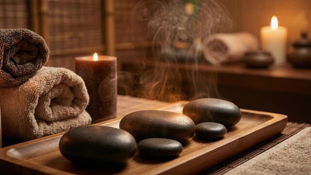 Warm spa setting with hot stones for massage therapy and lit candles creating a relaxing atmosphere with steaming hot rocks and soft towels