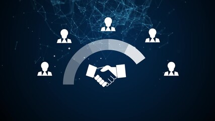 digital handshake icon surrounded by social connection and networking symbols. Concept for partnership, collaboration, CRM, B2B marketing, and business relationship. - Powered by Adobe