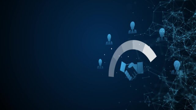 digital handshake icon surrounded by social connection and networking symbols. Concept for partnership, collaboration, CRM, B2B marketing, and business relationship.