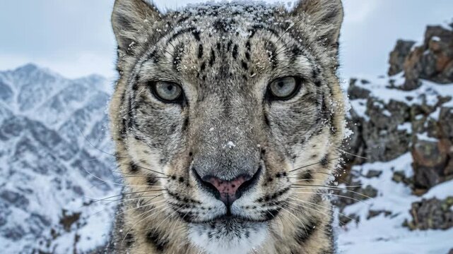 Close Up Portrait of a Snow Leopard Covered in Snow in a Snowy Mountain Landscape with Rocky Outcrops and a Cloudy Sky
