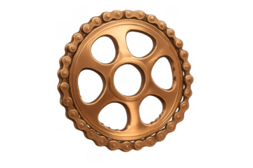 Steampunk style bronze cogwheel with a roller chain, representing mechanical engineering, transmission, and movement. Transparent background