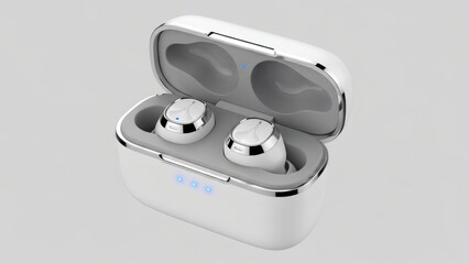 Premium Glossy White TWS Earphones in Charging Dock with Blue LED Indicators