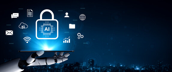 A robotic hand presenting a smartphone featuring AI security icons against a dark background, emphasizing the fusion of technology and data protection in modern communications. Gantry