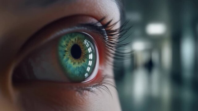 Close-up of a human eye with green iris and long eyelashes, blurred background with lights, shallow depth of field, conveying a sense of focus.